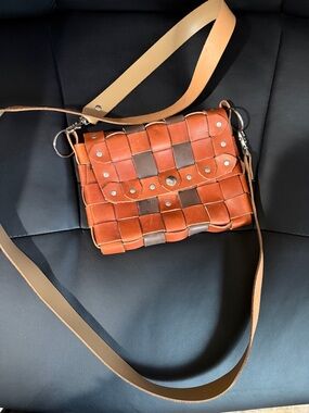 Leather Crossbody Bag in Cognac Brown, handcrafted woven